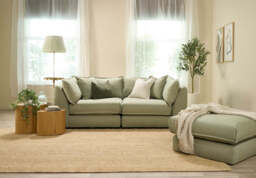 Utopia - 2 Piece with Footstool - Rearrangeable Modular Sofa, Cotton Blend / Jade / Tailored Trim - thumbnail 2