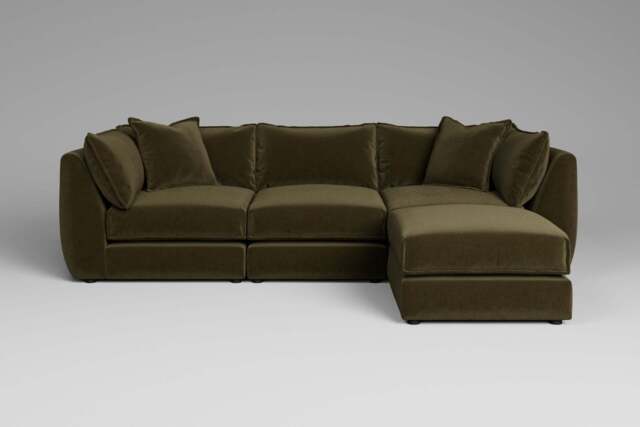 Utopia - 3 Piece with Footstool - Rearrangeable Modular Sofa, Luxe Woven Velvet / Forest Green / Casual Trim