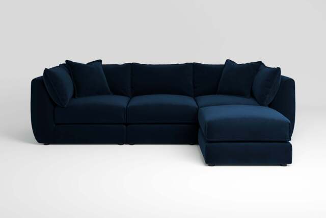Utopia - 3 Piece with Footstool - Rearrangeable Modular Sofa, Soft Touch Velvet / Midnight Blue / Casual Trim