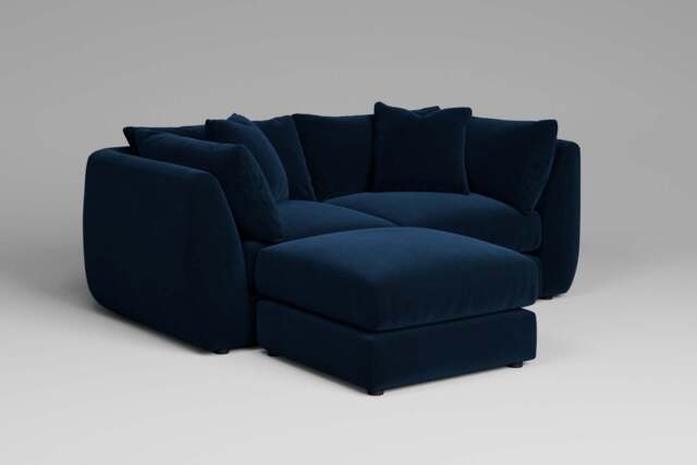 Utopia - 2 Piece with Footstool - Rearrangeable Modular Sofa, Soft Touch Velvet / Royal Blue / Tailored Trim