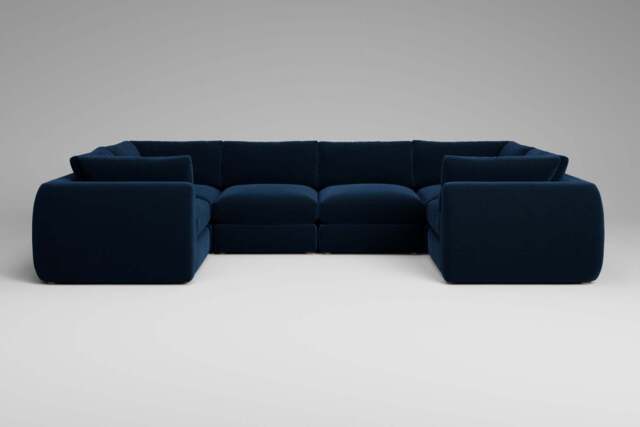 Zen - 6 Piece U Shape - Rearrangeable Modular Sofa, Soft Touch Velvet / Royal Blue / Full-Width Back Cushions