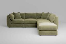Utopia - 4 Piece Open End with Footstool - Rearrangeable Modular Sofa, Cotton Blend / Jade / Casual Trim