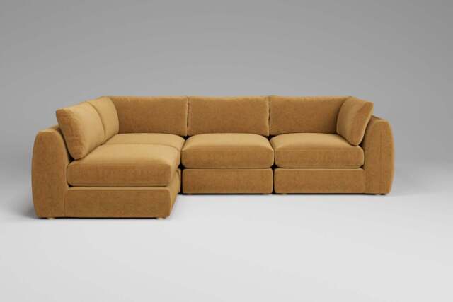 Zen - 4 Piece Corner - Rearrangeable Modular Sofa, Luxe Woven Velvet / Old Gold / Full-Width Back Cushions