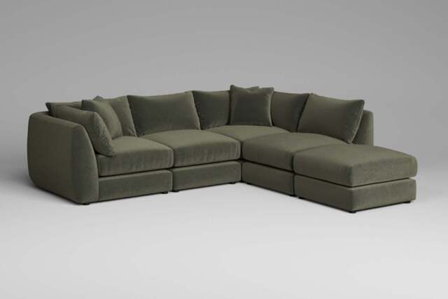 Utopia - 4 Piece Open End with Footstool - Rearrangeable Modular Sofa, Luxe Woven Velvet / Pine / Tailored Trim - image 1