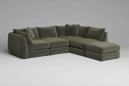 Utopia - 4 Piece Open End with Footstool - Rearrangeable Modular Sofa, Luxe Woven Velvet / Pine / Tailored Trim - thumbnail 3