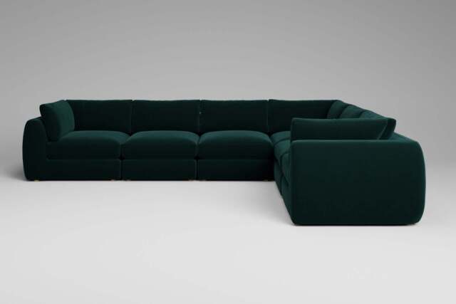 Zen - 6 Piece Corner - Rearrangeable Modular Sofa, Soft Touch Velvet / Bottle Green / Full-Width Back Cushions