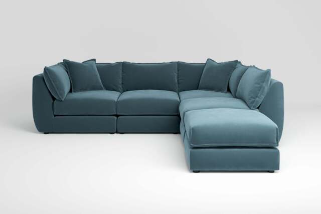 Utopia - 4 Piece Open End with Footstool - Rearrangeable Modular Sofa, Soft Touch Velvet / Sea Green / Casual Trim