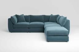 Utopia - 4 Piece Open End with Footstool - Rearrangeable Modular Sofa, Soft Touch Velvet / Sea Green / Casual Trim