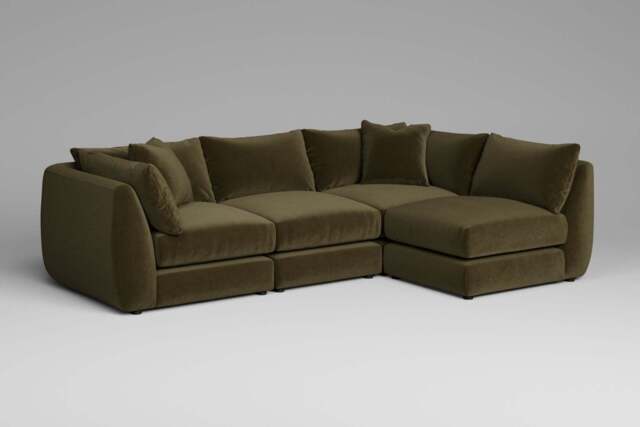 Utopia - 4 Piece Open End - Rearrangeable Modular Sofa, Luxe Woven Velvet / Forest Green / Tailored Trim
