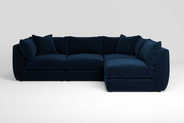 Utopia - 4 Piece Open End - Rearrangeable Modular Sofa, Soft Touch Velvet / Royal Blue / Casual Trim