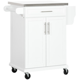 HOMCOM Wooden Kitchen Island on Wheels, Serving Cart Storage Trolley with Stainless Steel Top, Drawer, Side Handle and Rack, White