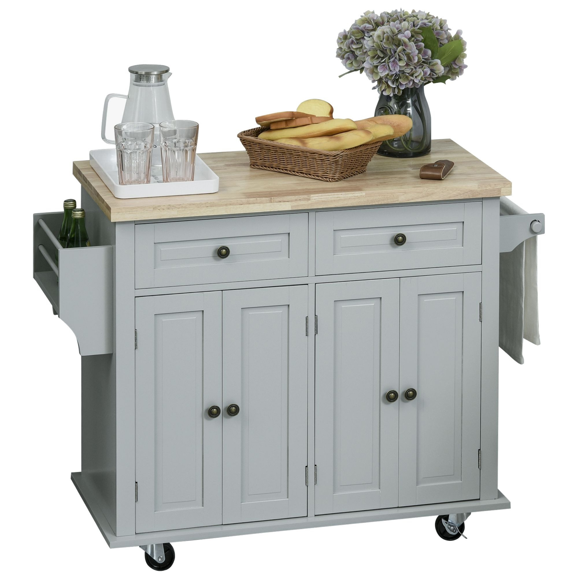 HOMCOM Rolling Kitchen Island Storage Trolley with Rubber Wood Top & Drawers for Dining Room, Grey