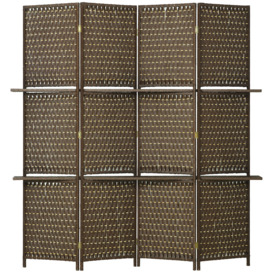 HOMCOM 4-Panel Room Dividers with Shelves, Wave Fibre Freestanding Folding Privacy Screen Panels, Partition Wall Divider for Indoor Bedroom Brown