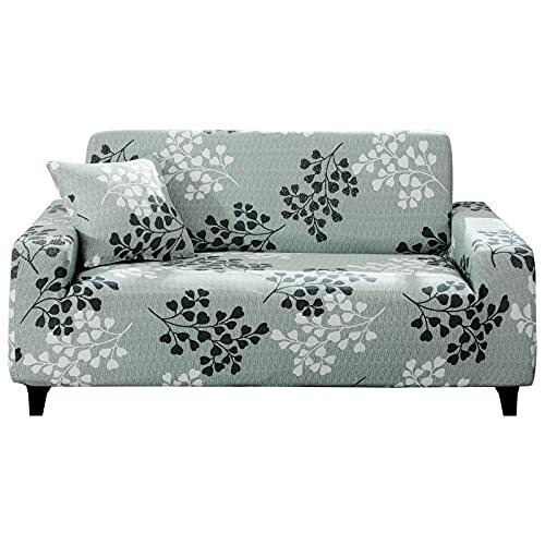 HOTNIU Stretch Sofa Cover Elastic Pattern Couch Covers Loveseat Slipcovers for 2 Cushion Couches Sofas Universal Fitted Furniture Protector with 1 Pillowcase (2 Seater, Grey Leaves) - Like New
