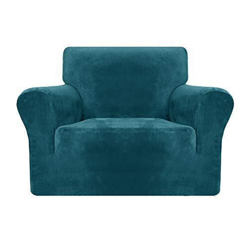 MAXIJIN Thick Velvet Chair Covers for Armchairs Super Stretch Non Slip Sofa Cover 1 Seater Dogs Cat Pet Living Room 1-Piece Elastic Couch Protector Chair Slipcover with Arms (1 Seater, Blackish Green) - Like New