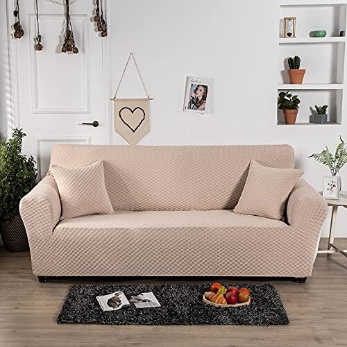 Carvapet Jacquard Sofa Cover Stretch Couch Covers Elastic Fabric Solid Waffle Pattern Chair Loveseat Settee Sofa Covers Universal Fitted Sofa Slipcover Furniture Cover Protector?Beige,2 Seater? - Very Good