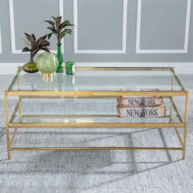 Baker Gold and Glass Coffee Table, Square Top with Golden Antique Finish Metal Shelf