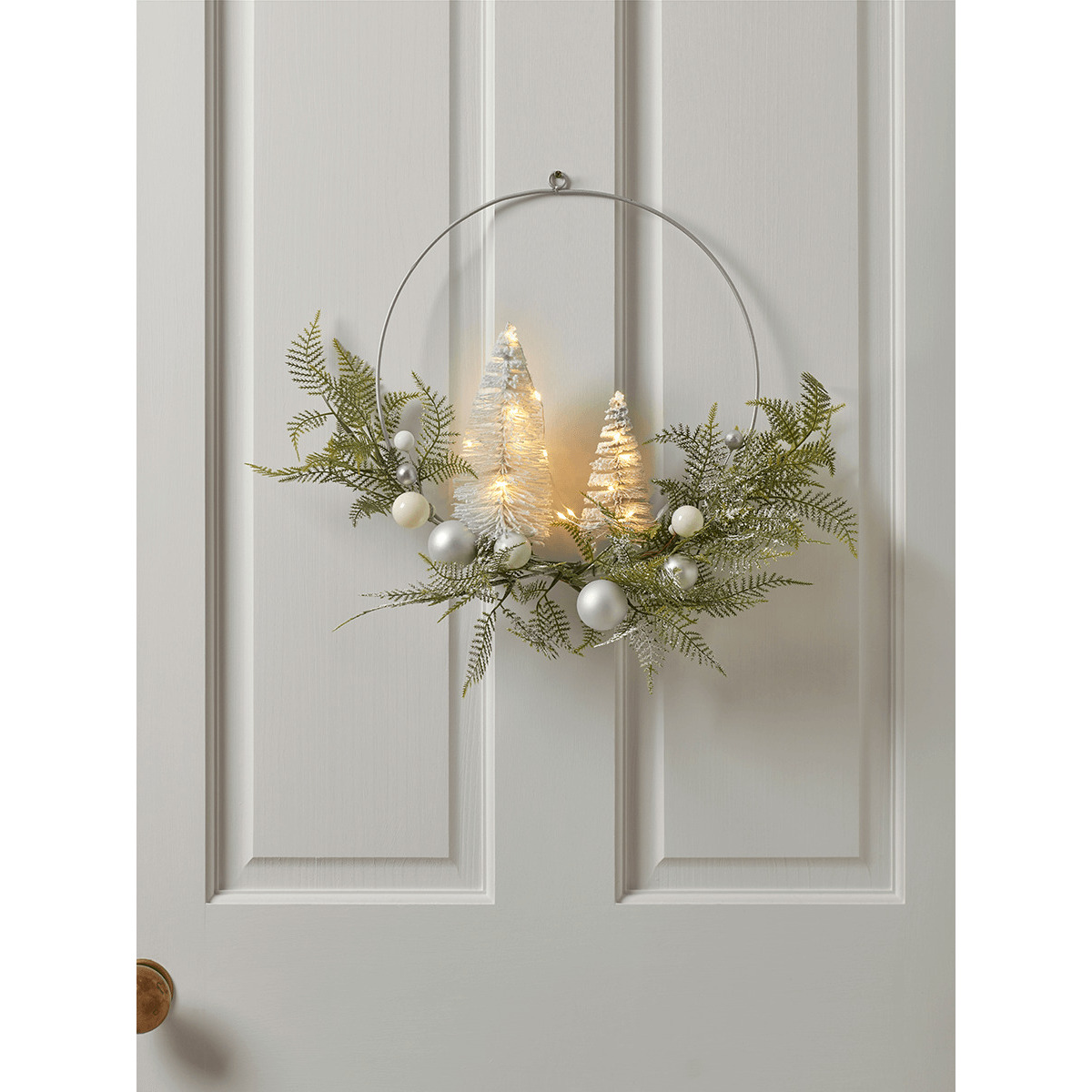 Light Up Frosted Brush Trees Wire Wreath - image 1