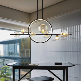 Minimalist 7-Light Glass Globe Shade Black Kitchen Island Light for Dining Room