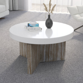 800mm Japandi Round Pine Wood Coffee Table in White with Rustic Pedestal