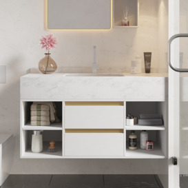 1000mm Floating Bathroom Vanity Set with Ceramic Basin 2 Drawers & Open Shelves in White
