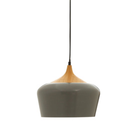 Grey Metal and Wood Contrast Domed Pendant Ceiling Light
