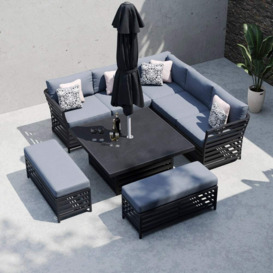 Grey 9 Seater Garden Corner Sofa With Square Rising Table And Benches