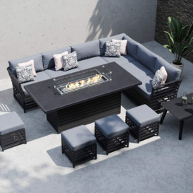 Grey 10 Seater Garden Extended Corner Sofa Combo With Gas Fire Pit Dining Table & Footstools