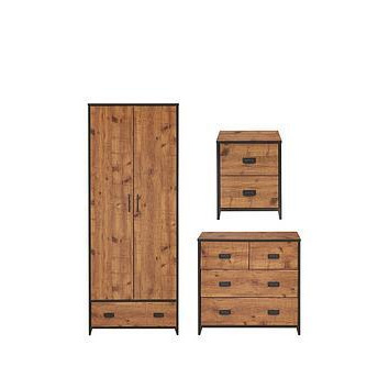 Jackson 3 Piece Package - Kids 2 Door, 1 Drawer Wardrobe, 2+2 Drawer Chest and 2 Drawer Bedside Chest - Rustic Pine Effect, Rustic Pine Effect