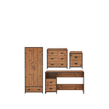 Jackson 4 Piece Package - Kids 2 Door, 1 Drawer Wardrobe, 2+2 Drawer Chest, 2 Drawer Bedside Chest and Desk - Rustic Pine Effect, Rustic Pine Effect