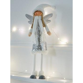 Festive 64 Cm Standing Silver And White Sequin Angel Christmas Decoration