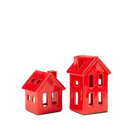 Set Of 2 Ceramic House Christmas Tealight Holders - Red