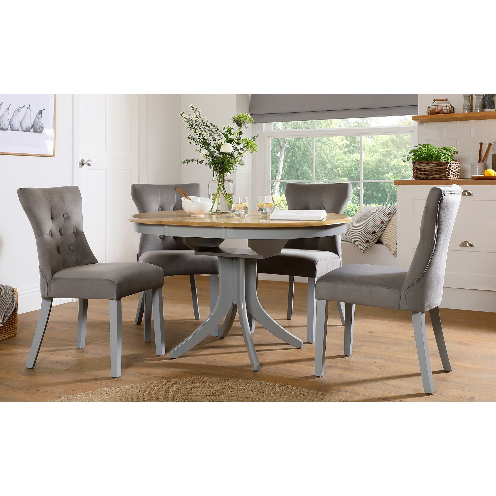 Hudson Round Painted Grey and Oak Extending Dining Table with 4 Bewley ...