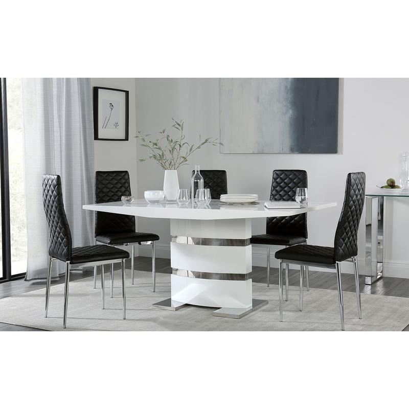 Komoro White High Gloss Dining Table with 4 Renzo Black Leather Chairs
