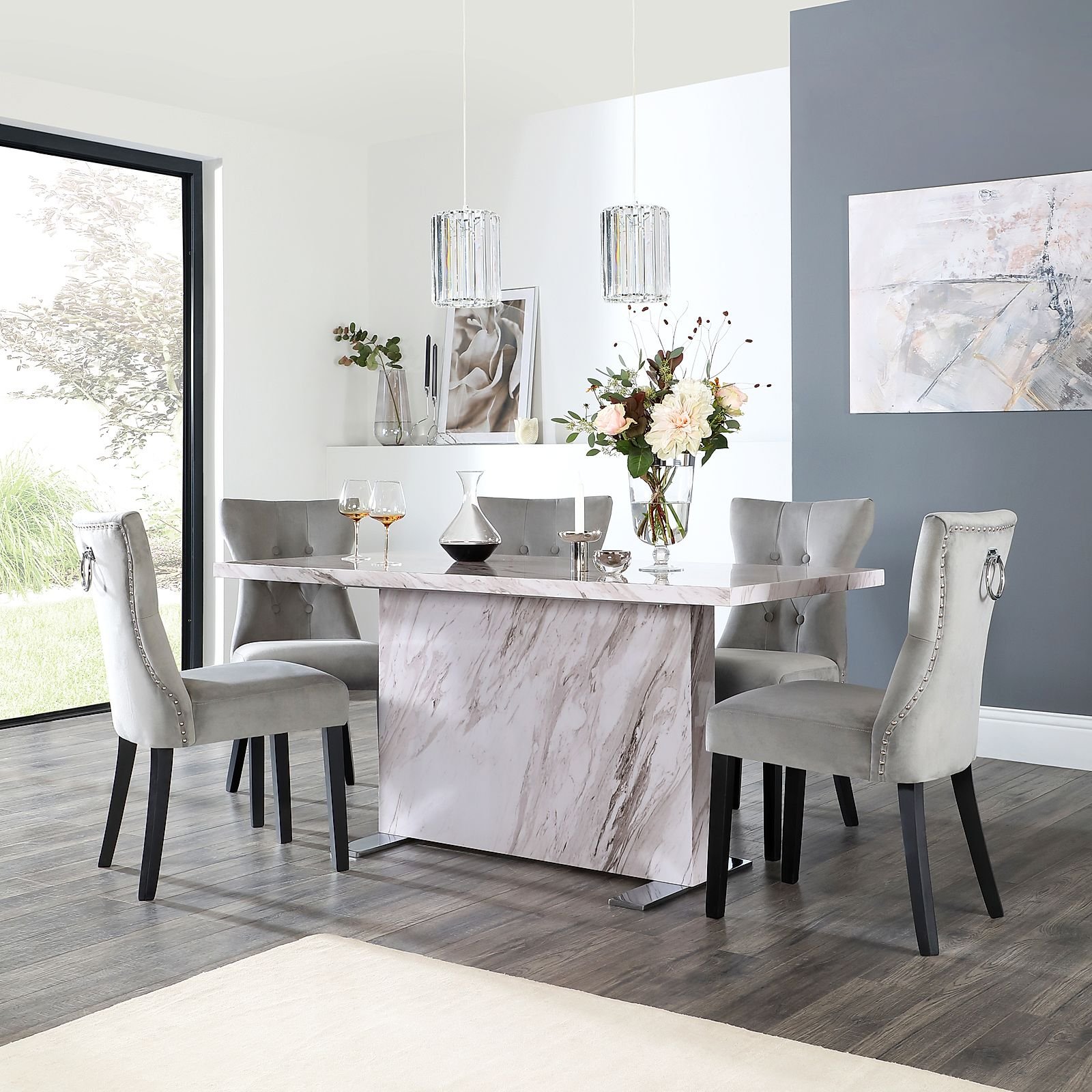 Magnus Grey Marble Dining Table with 4 Kensington Grey Velvet Chairs by ...