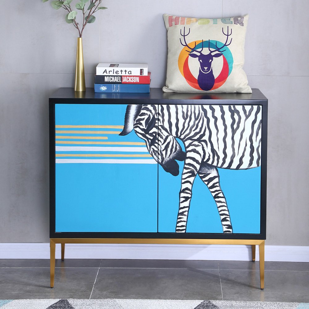 Contemporary Cabinet Solid Wood Painted Zebra Pattern Chest with 2 Shelves and Doors Stainless Steel