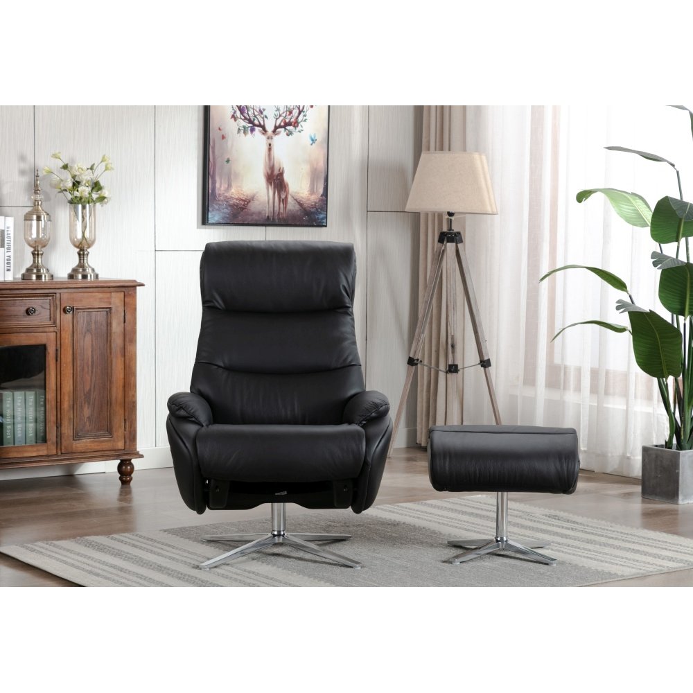 GFA Dominican Swivel Recliner Chair with Footstool - Black Leather Match