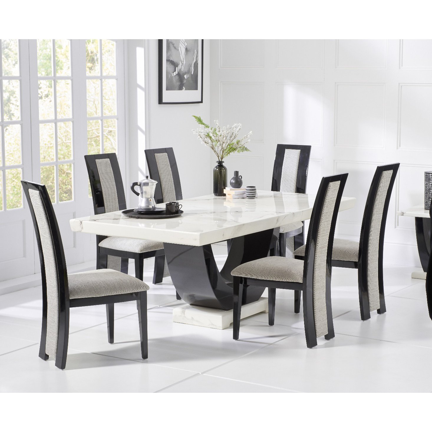Raphael 200cm White and Black Pedestal Marble Dining Table With 6 Brown