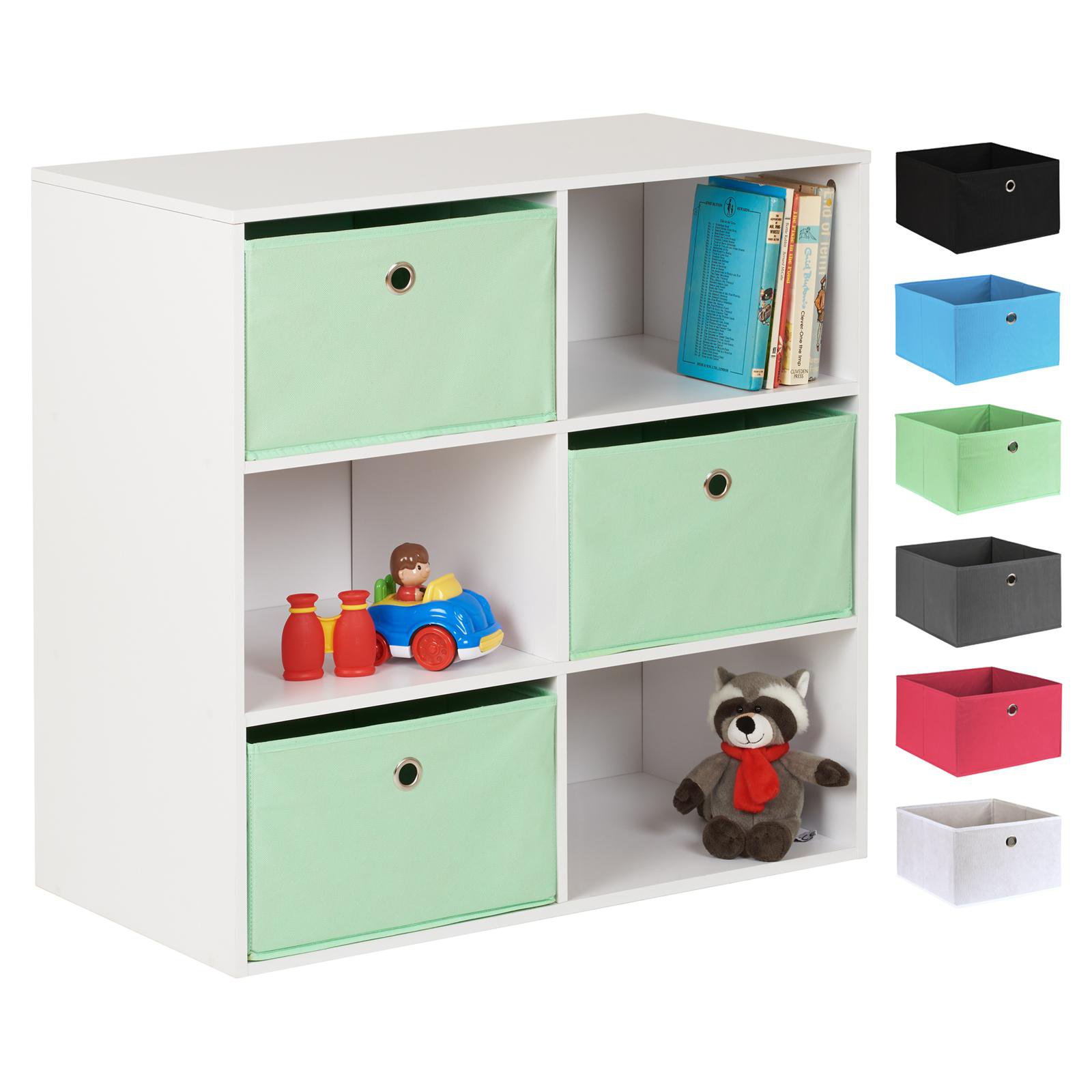 Hartleys White 6 Cube Kids Storage Unit & 3 Easy Grasp Box Drawers - Mint
