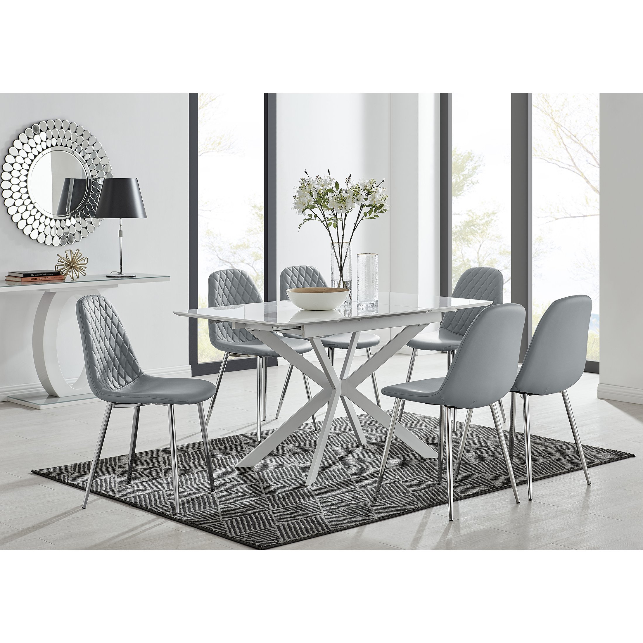 Nova Square Chrome and Glass Dining Table with 2 4 Renzo Black Chairs 