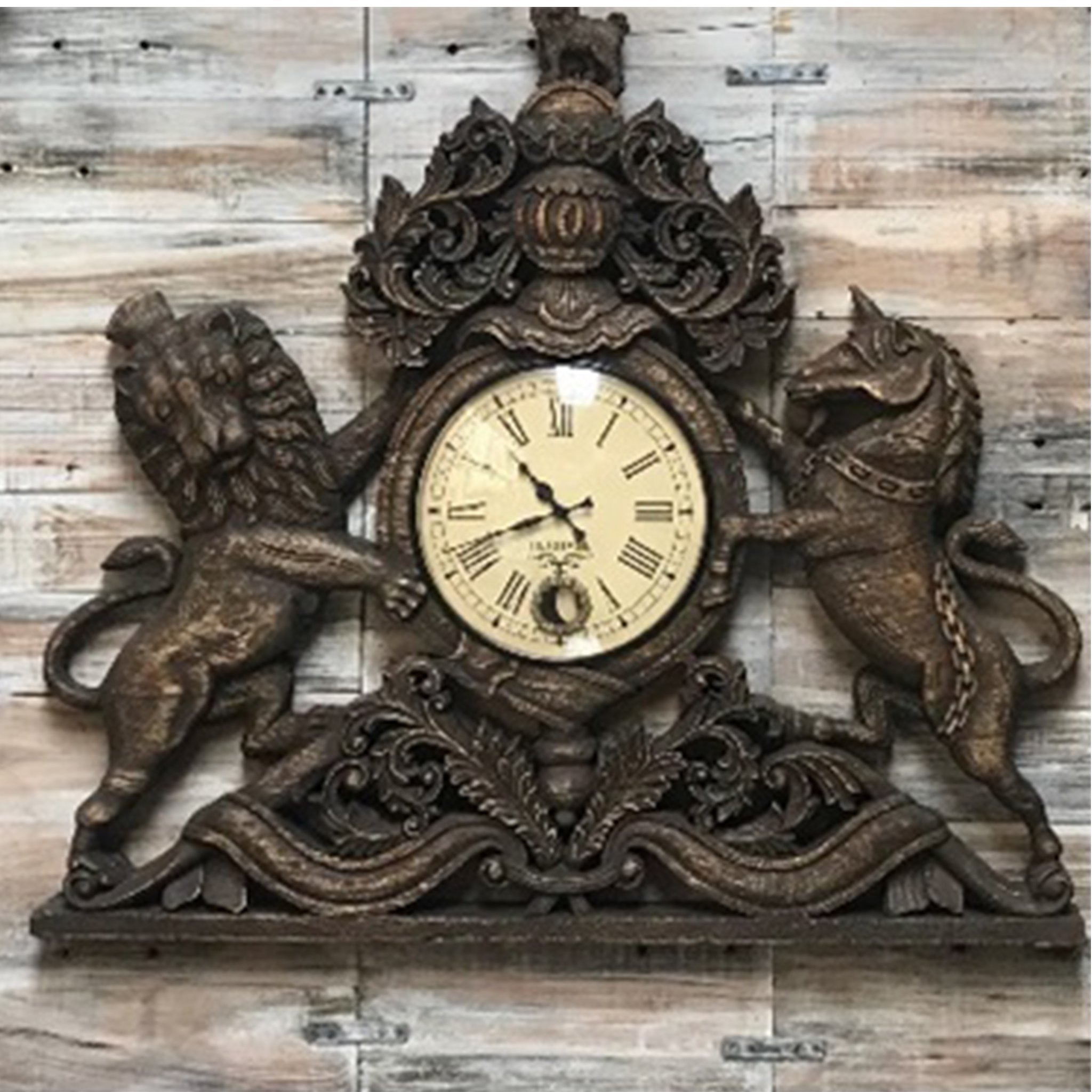 Vintage Hand Carved Wooden 'United Kingdom Royal Coat of Arms' Pendulum Wall Clock