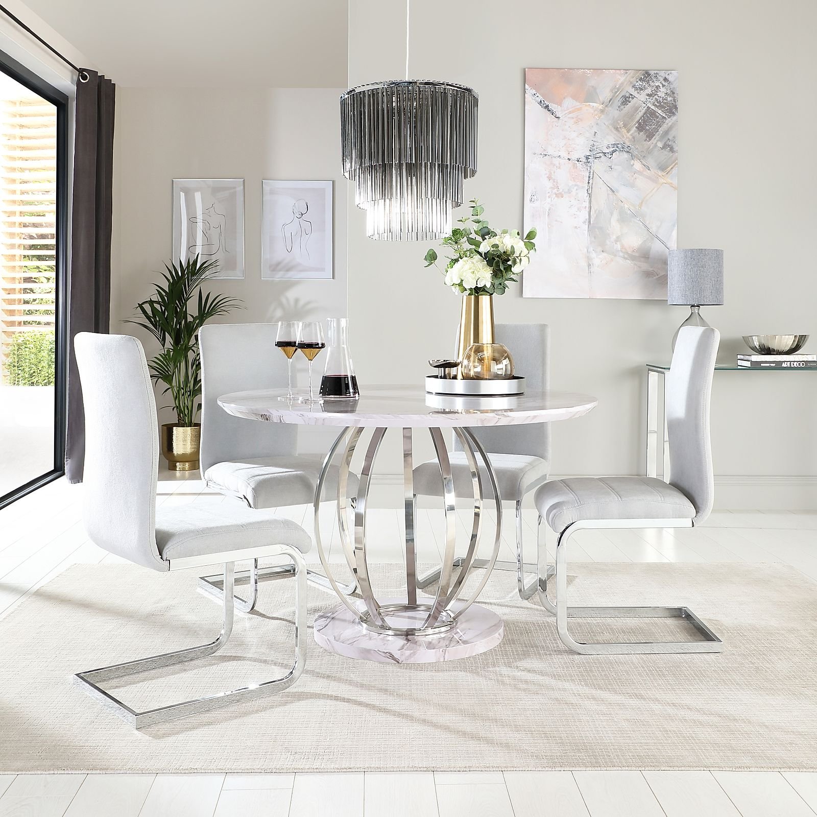 Savoy Round Grey Marble and Chrome Dining Table with 4 Perth Dove Grey Fabric Chairs