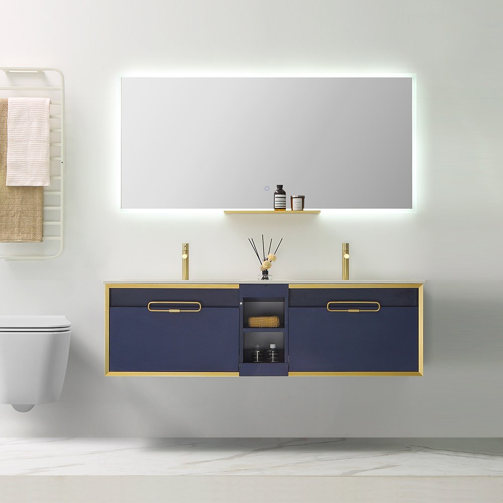 "59"" Modern Floating Bathroom Vanity Set in Navy Blue, Side Cabinet Included"