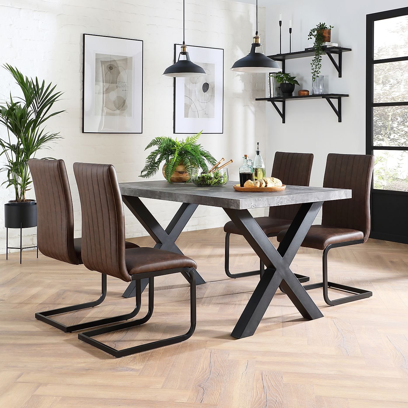 Franklin 200cm Concrete Dining Table with 6 Perth Vintage Brown Leather