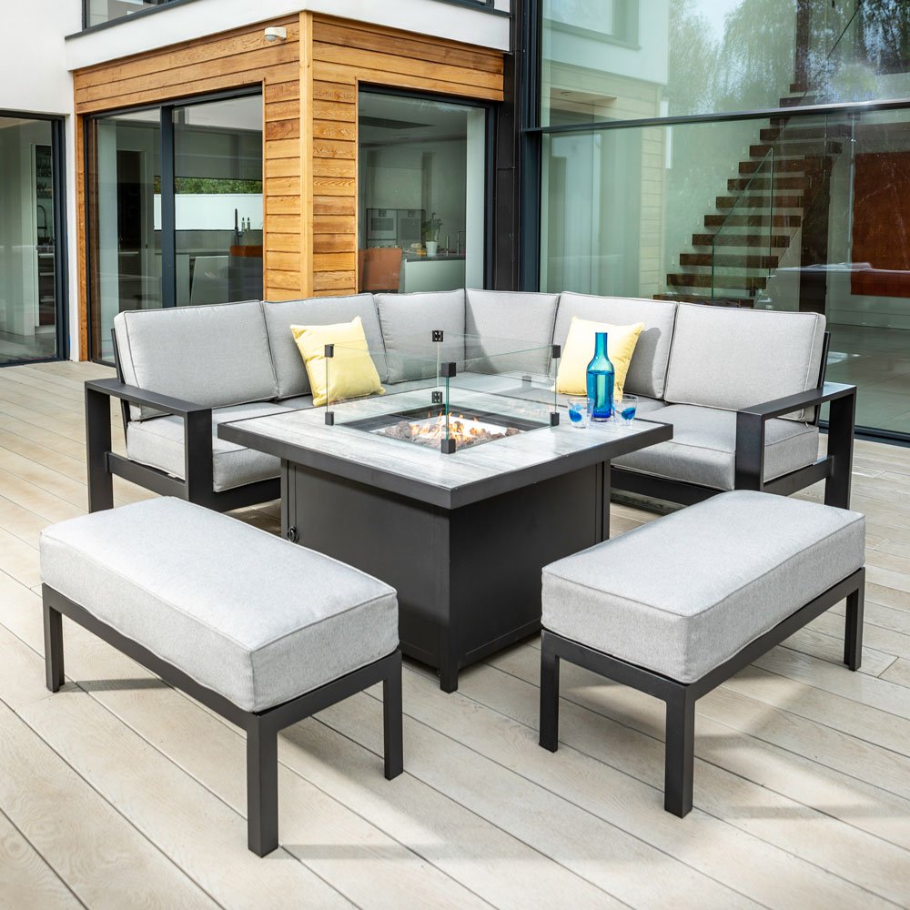 Hartman Apollo Square Gas Fire Pit Casual Dining Set with Tuscan Table - Carbon/Pewter