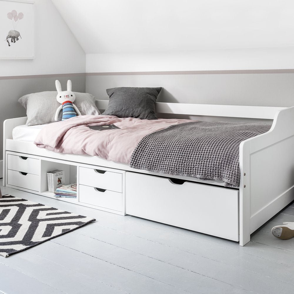 "Eva Day Bed with Pull out Drawers and Shelves in Classic White "