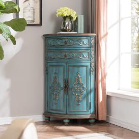 French Country Antique Triangle Wood Accent Corner Cabinet with 2 Doors & 2 Drawers in Blue
