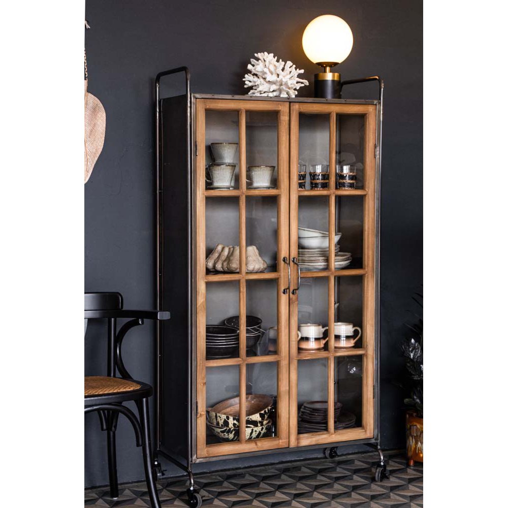 Industrial Style Wooden Display Cabinet On Wheels