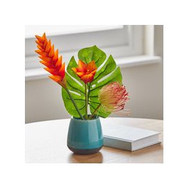 Artificial Tropical Flowers Multi in Teal Vase Green, Red and Blue