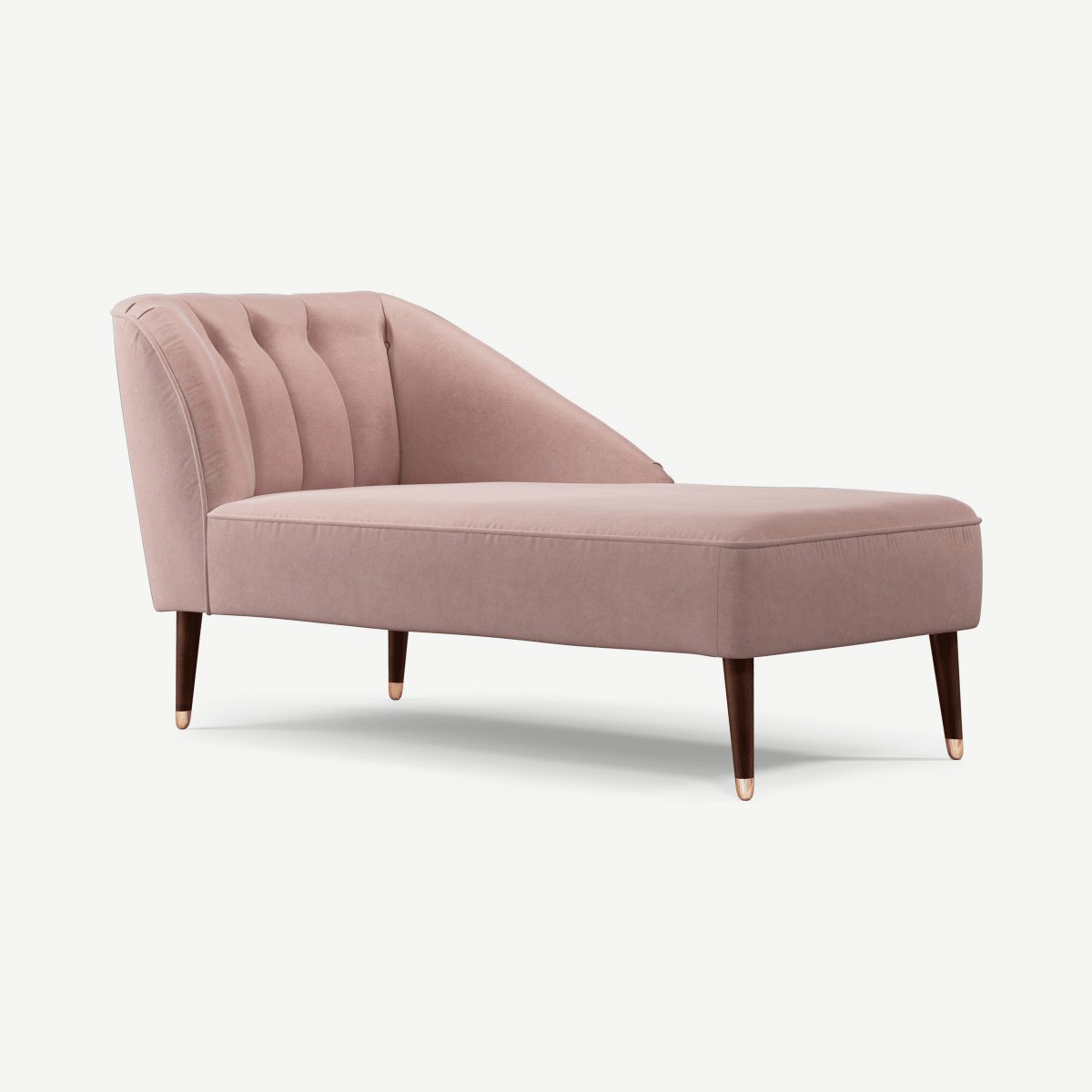 Margot Right Hand Facing Chaise Longue, Pink Cotton Velvet with Dark Wood Copper Legs
